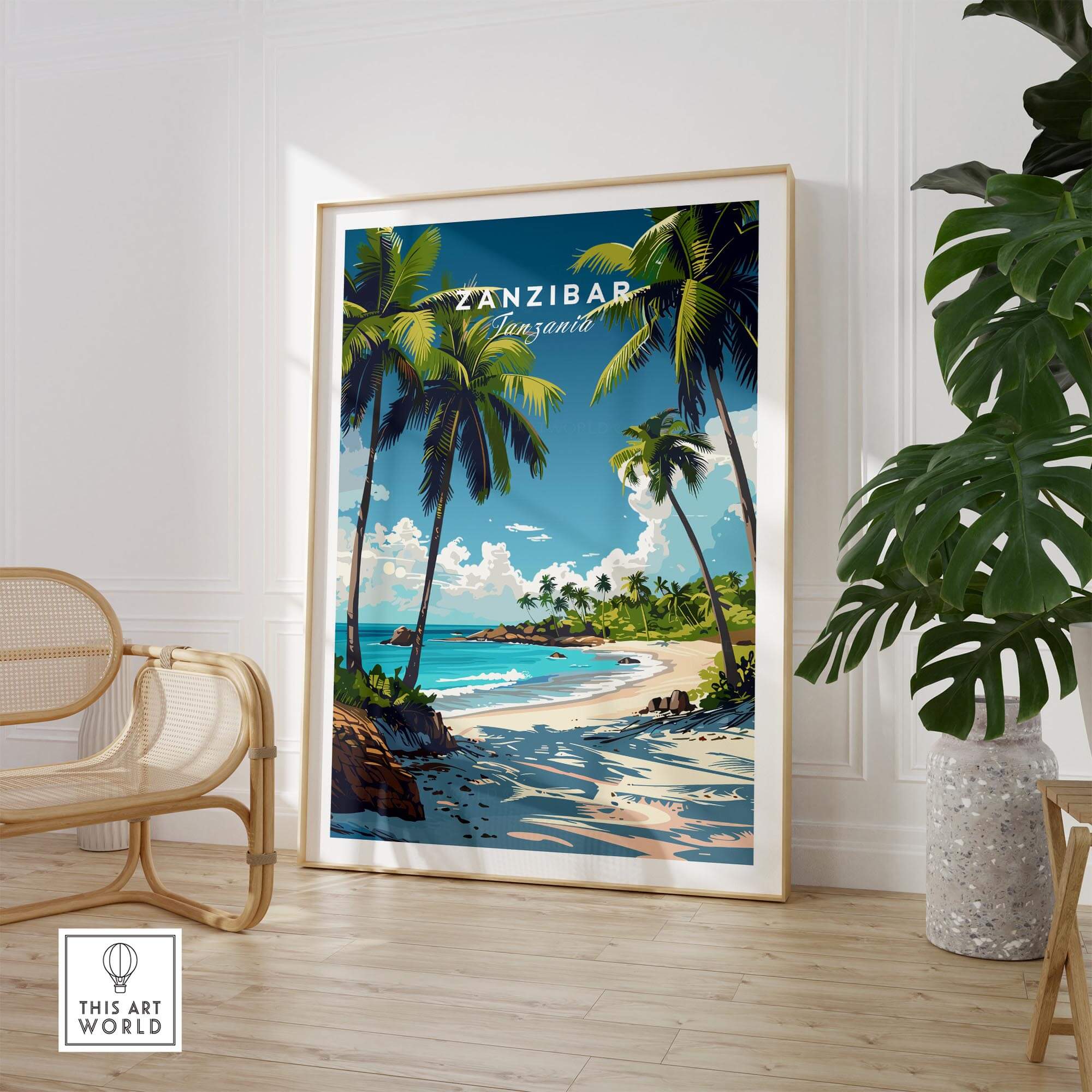 Zanzibar Wall Art Print showcasing a tropical beach scene with palm trees and clear blue skies.