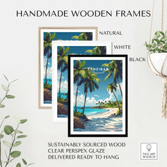 Zanzibar Wall Art Print featuring handmade wooden frames in natural, white, and black colors, ready to hang.