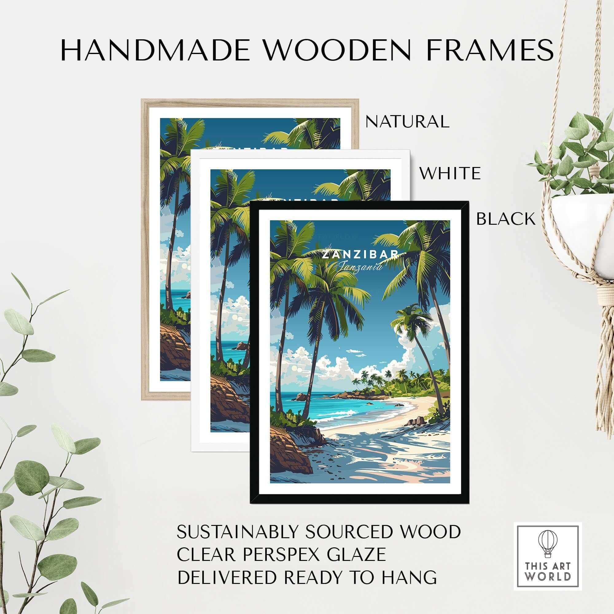 Zanzibar Wall Art Print featuring handmade wooden frames in natural, white, and black colors, ready to hang.