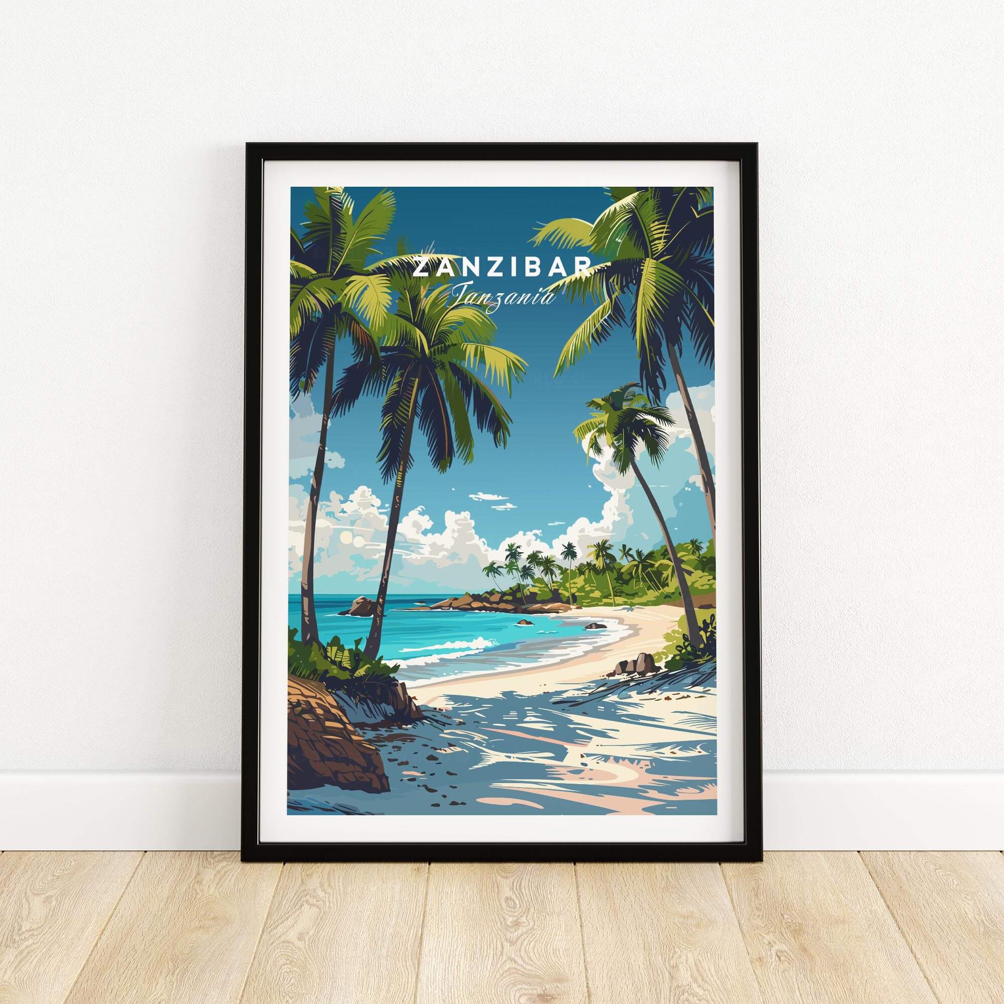 Zanzibar Wall Art Print featuring palm trees and a beach scene, capturing the beauty of Zanzibar Island.