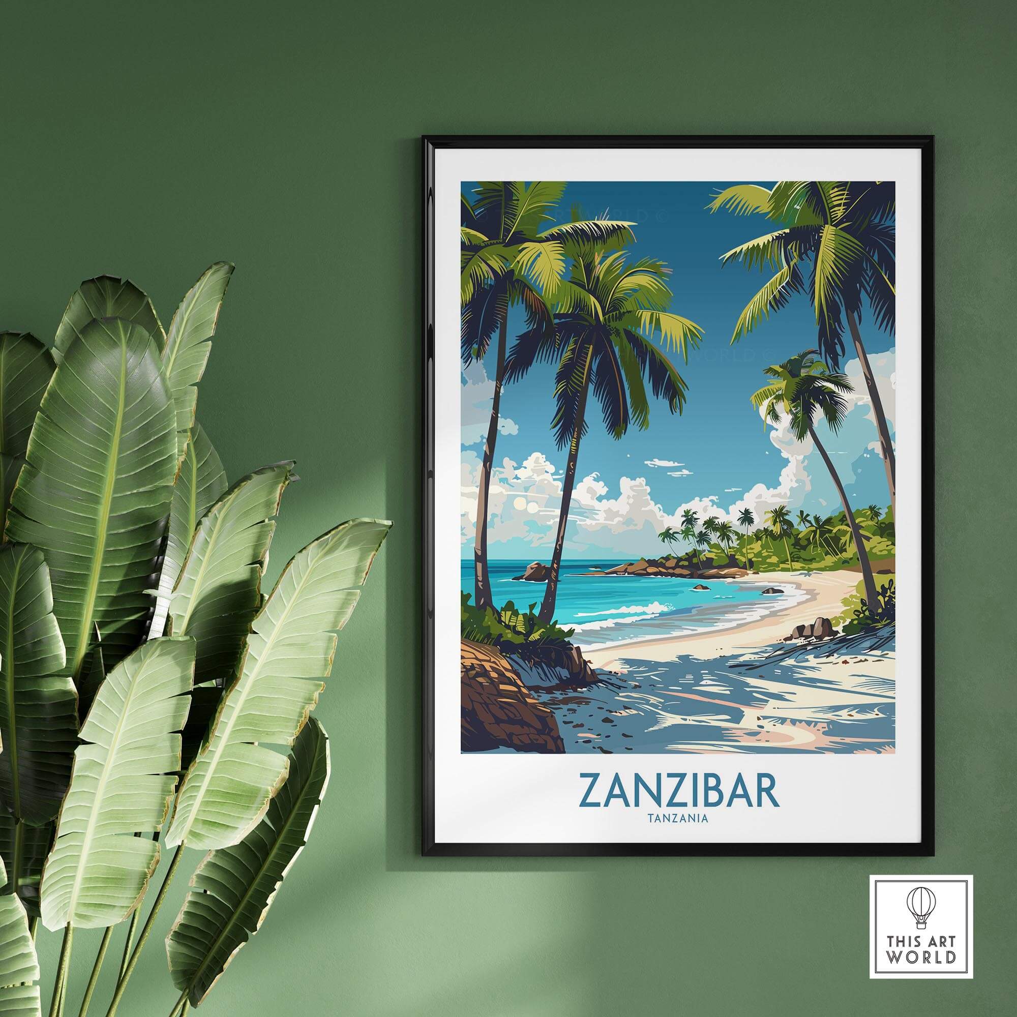 Zanzibar Wall Art -  Tanzania poster showcasing stunning beach scene with palm trees and ocean.