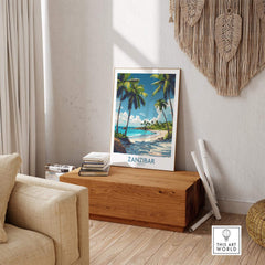 Zanzibar Wall Art -  Tanzania showcasing a tropical beach scene with palm trees in a stylish living room decor.
