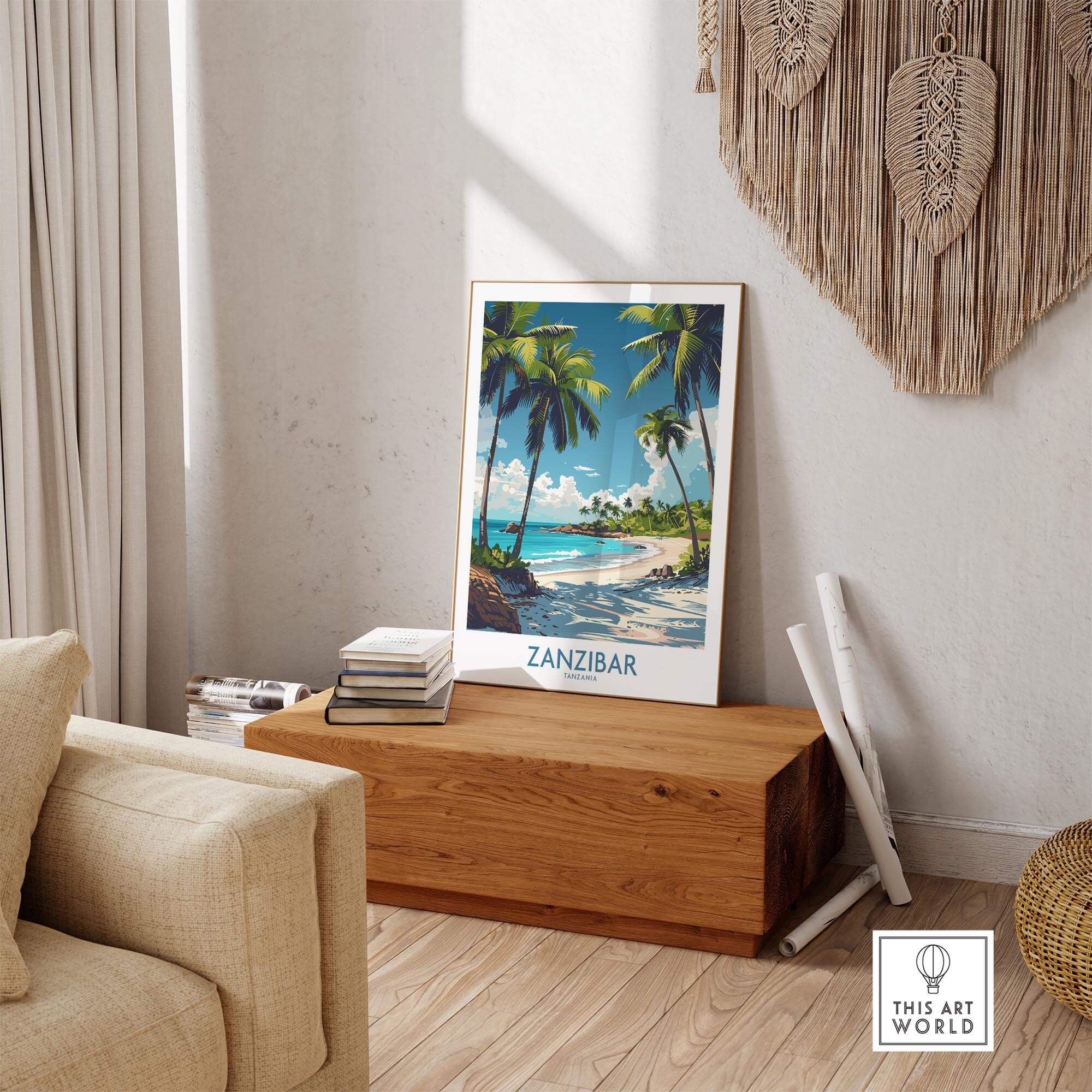 Zanzibar Wall Art -  Tanzania showcasing a tropical beach scene with palm trees in a stylish living room decor.