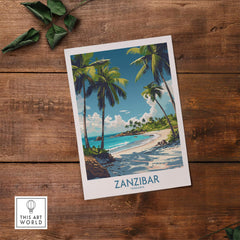 Zanzibar Wall Art -  Tanzania travel poster showcasing tropical beach and palm trees