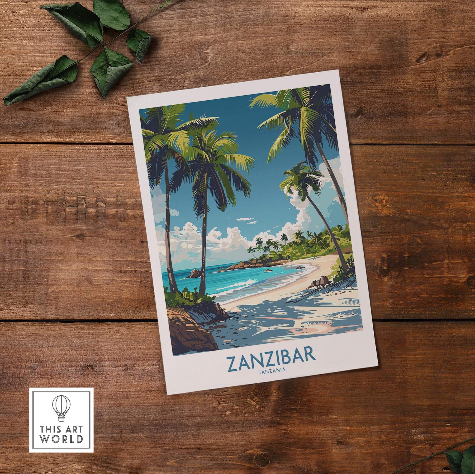 Zanzibar Wall Art -  Tanzania travel poster showcasing tropical beach and palm trees