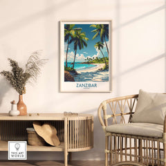 Zanzibar Wall Art -  Tanzania travel poster featuring tropical beach and palm trees in a stylish living room setting.