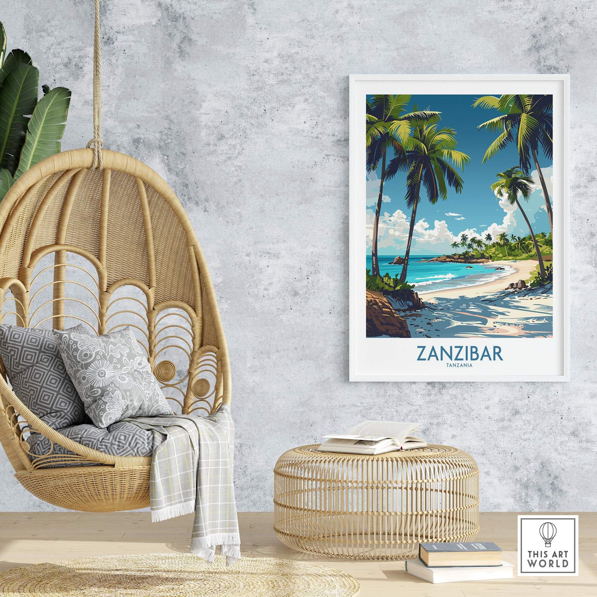 Zanzibar Wall Art -  Tanzania displayed in a modern home with beach and palm trees, ideal for tropical decor.