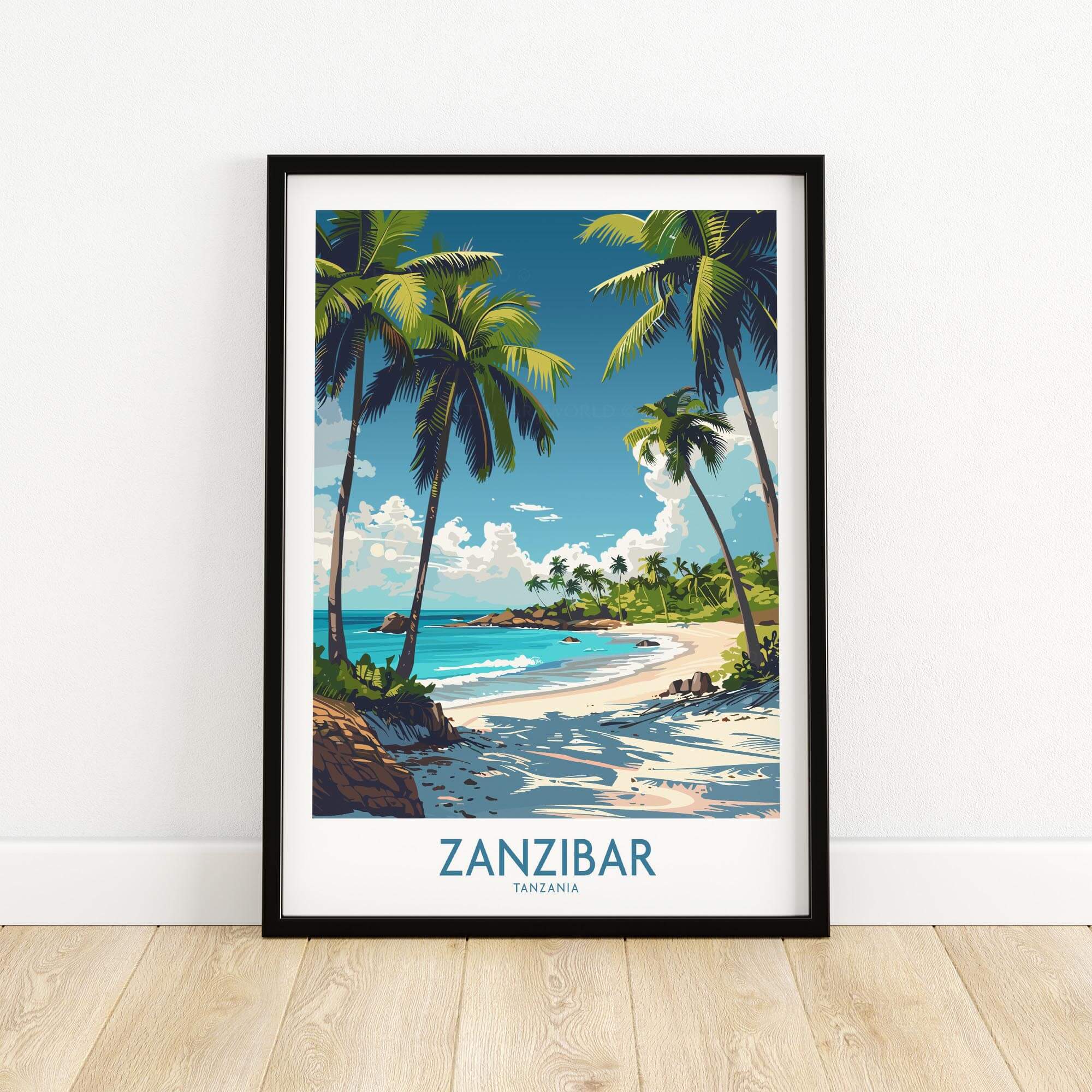 Zanzibar Wall Art -  Tanzania featuring a tropical beach scene with palm trees and clear blue water.