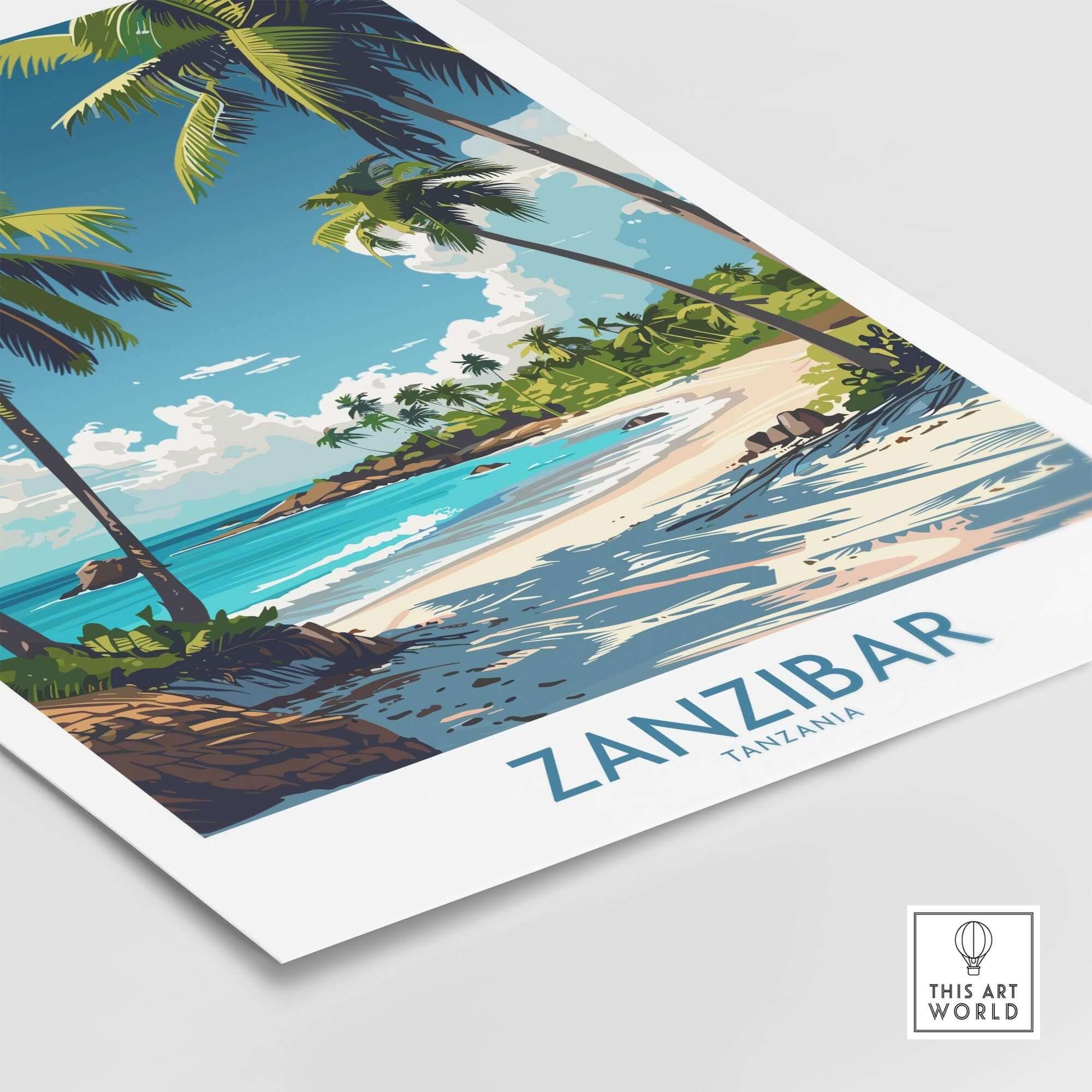 Zanzibar Wall Art -  Tanzania showcasing a tropical beach scene with palm trees and clear blue water.