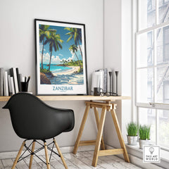 Zanzibar Wall Art - Tanzania displayed in a modern home office with tropical beach design and vibrant colors.