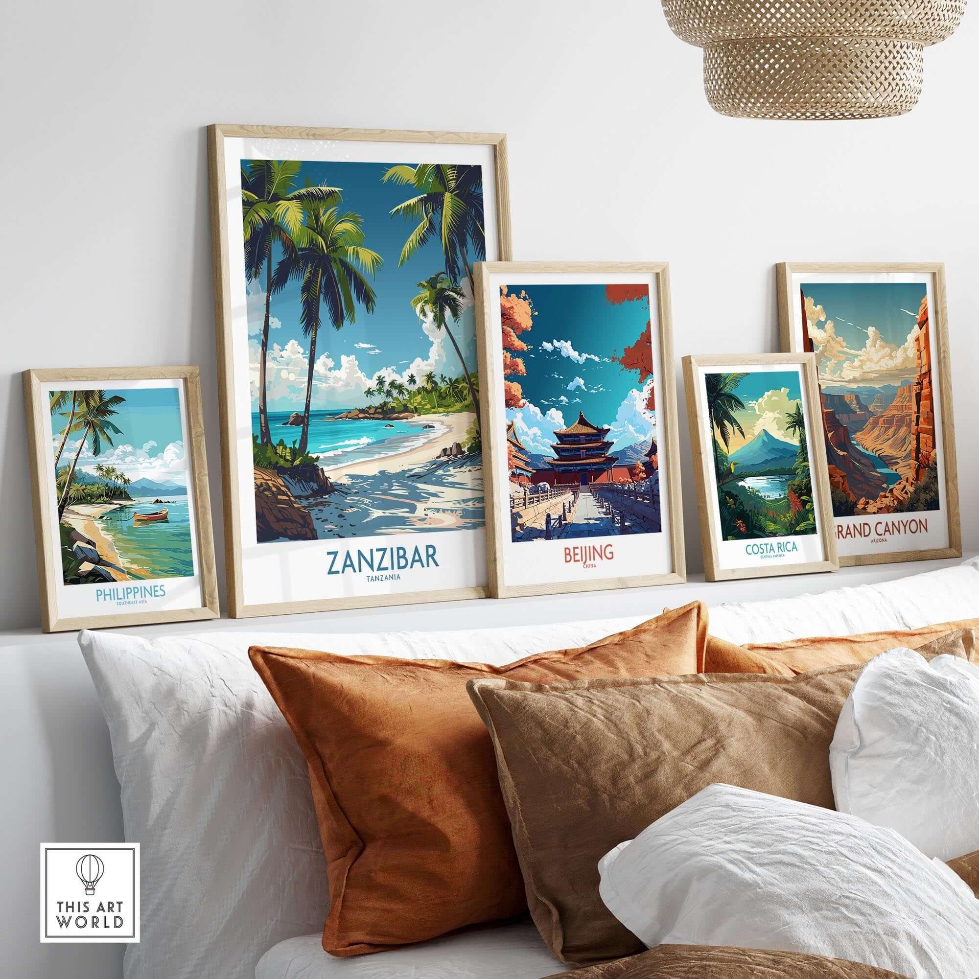 Zanzibar Wall Art -  Tanzania displayed among other travel posters in a stylish interior setting.