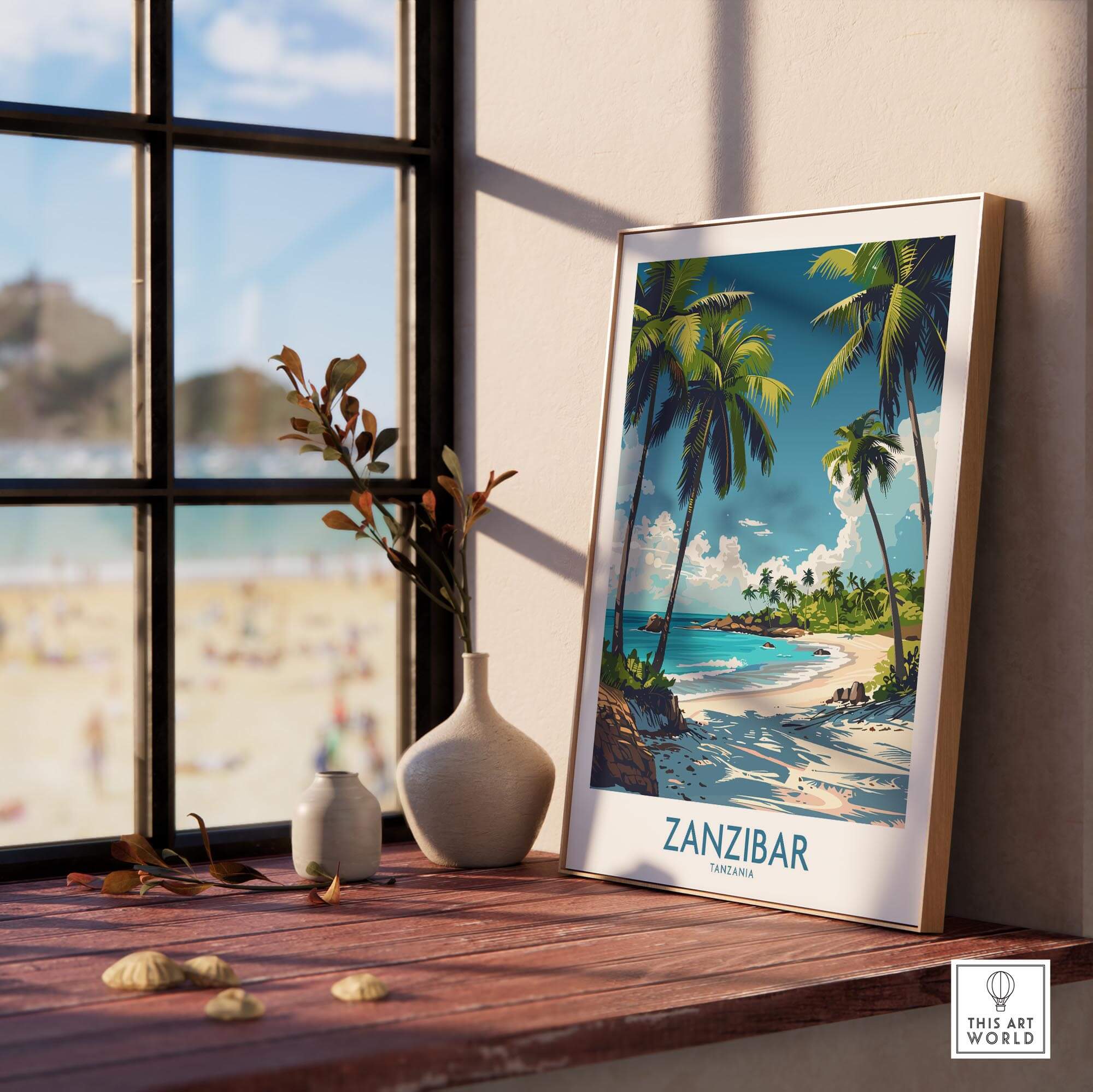 Zanzibar Wall Art -  Tanzania travel poster featuring tropical beach scenery and palm trees.