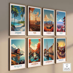 Zanzibar Wall Art - Tanzania displayed among various vintage travel posters, featuring vibrant landscapes and cityscapes.