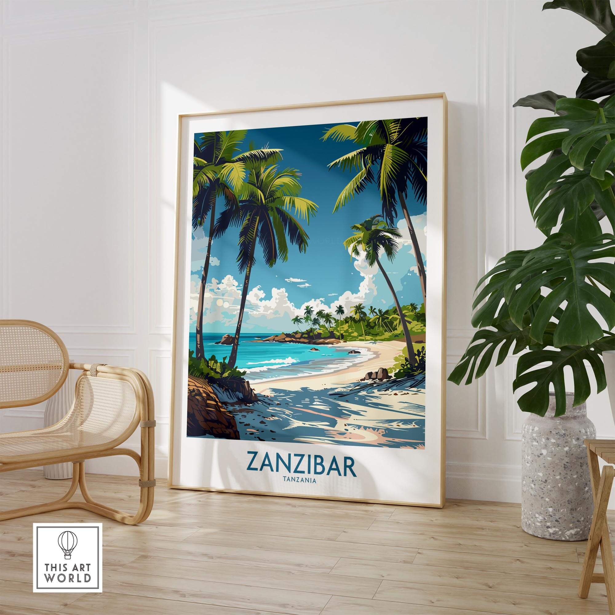 Zanzibar Wall Art -  Tanzania showcasing tropical beach landscape with palm trees and clear blue sky.