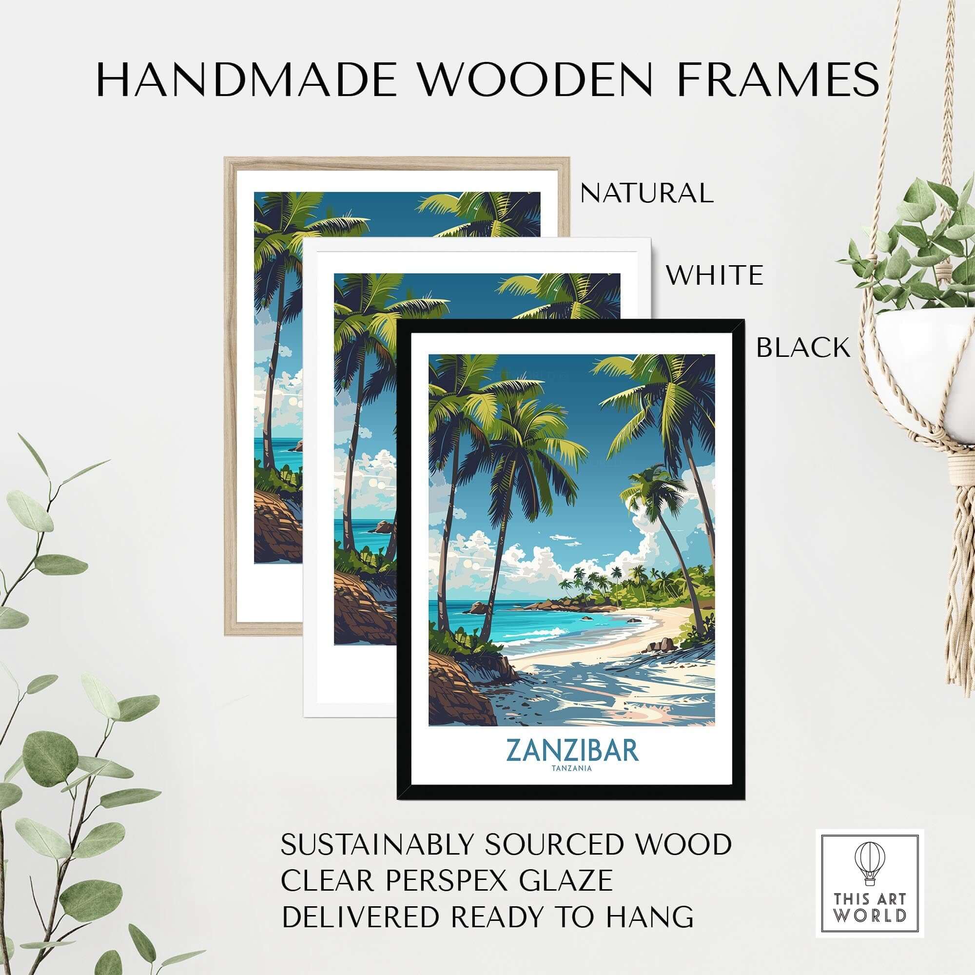 Zanzibar Wall Art -  Tanzania displayed in handmade wooden frames in natural, white and black colors.