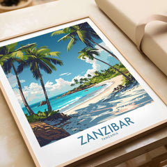 Zanzibar Wall Art -  Tanzania vintage travel poster featuring tropical beach and palm trees.