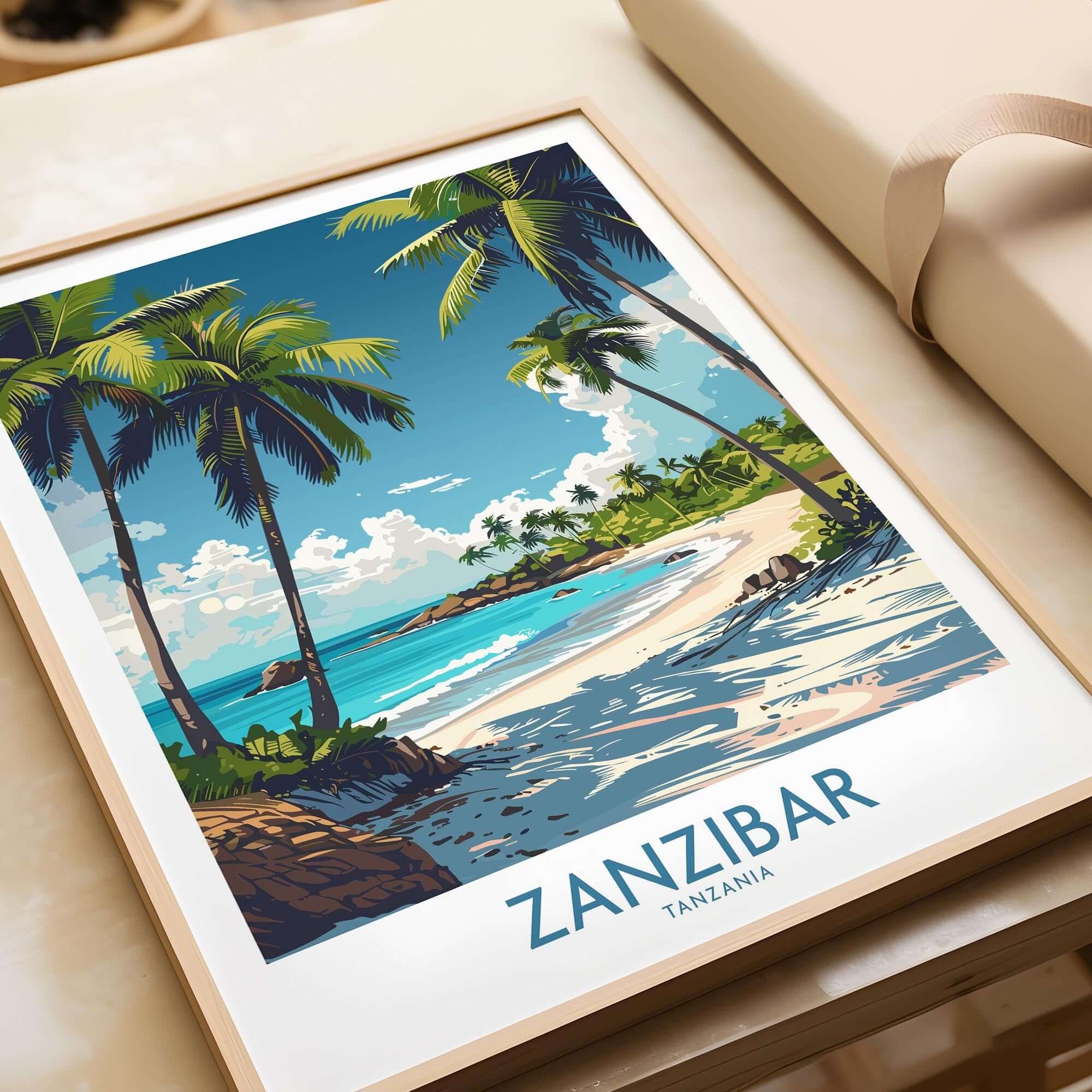 Zanzibar Wall Art -  Tanzania vintage travel poster featuring tropical beach and palm trees.