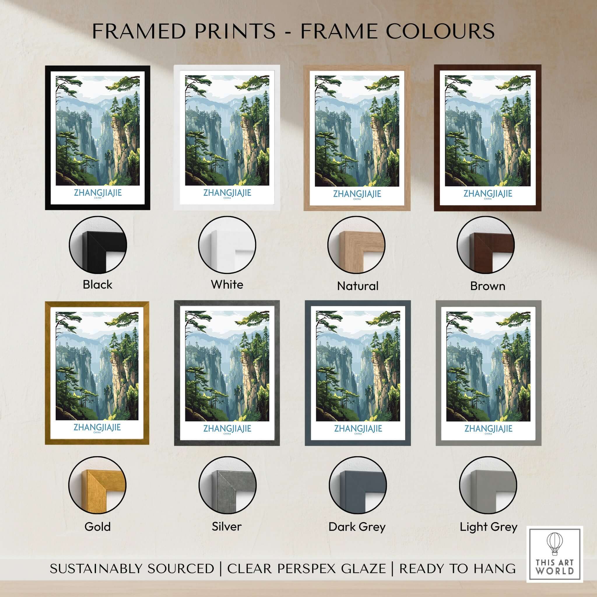 Zhangjiajie China Art Print | Misty Forest Canyon Poster framed print color options including black, white, natural, brown, and more.