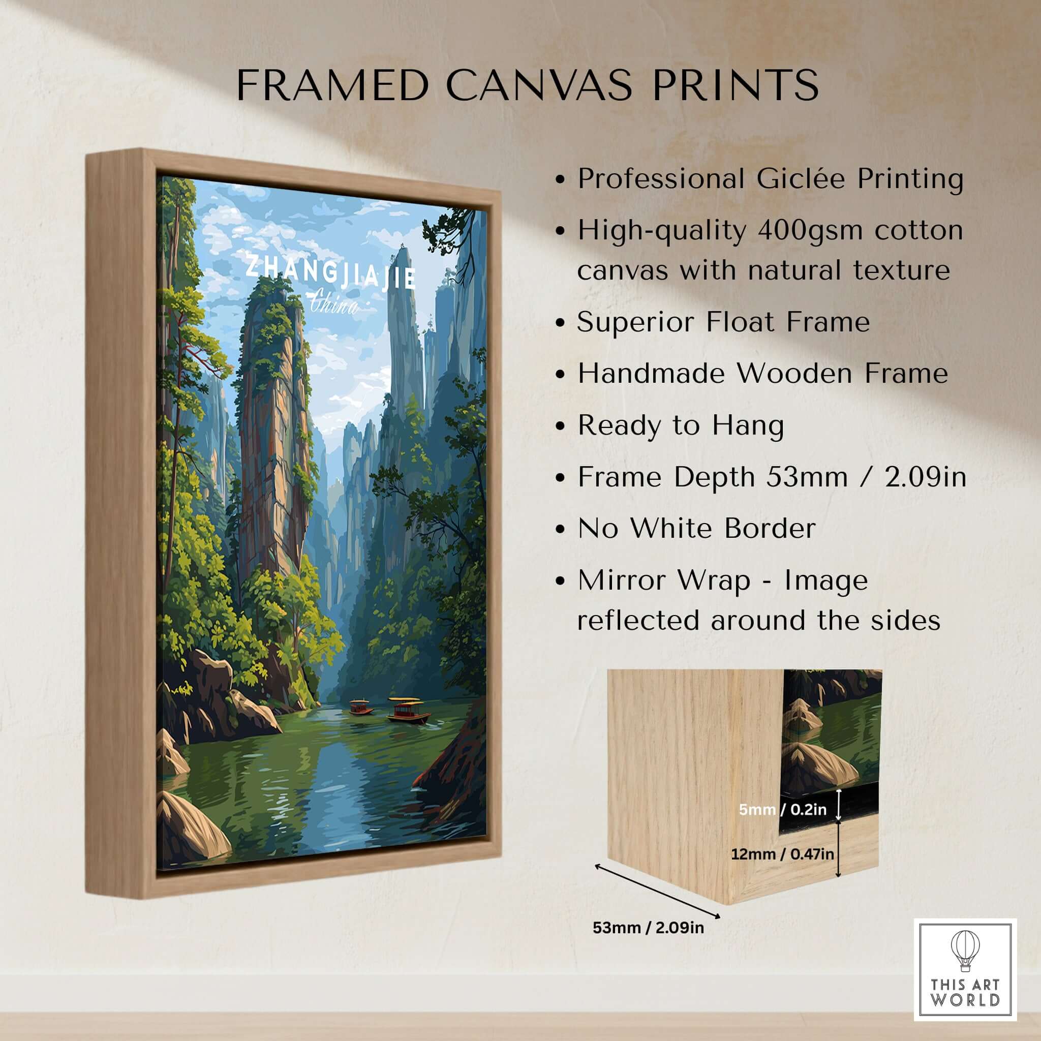 Zhangjiajie Canvas Print | Chinese Landscape Wall Decor framed canvas print with natural texture and handmade wooden frame.