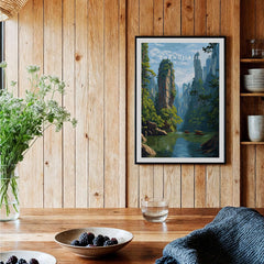 Zhangjiajie Canvas Print | Chinese Landscape Wall Decor displayed in rustic room with wooden walls and plants.