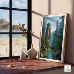Zhangjiajie Canvas Print | Chinese Landscape Wall Decor displayed in a modern interior with a beach view.