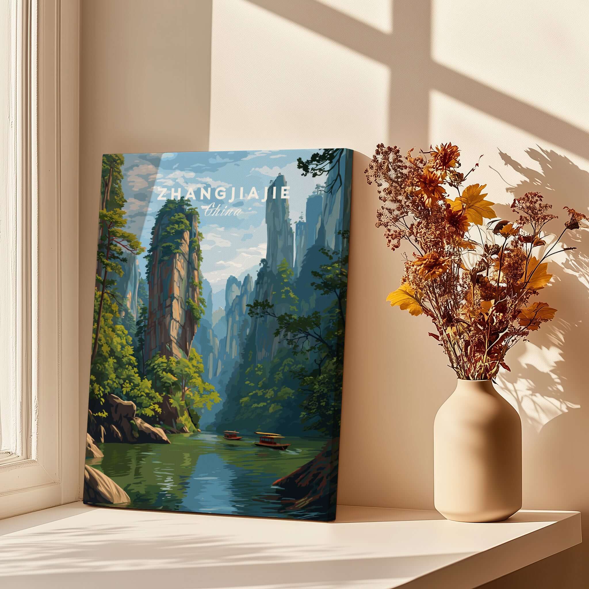 Zhangjiajie Canvas Print | Chinese Landscape Wall Decor featuring serene cliffs and water.