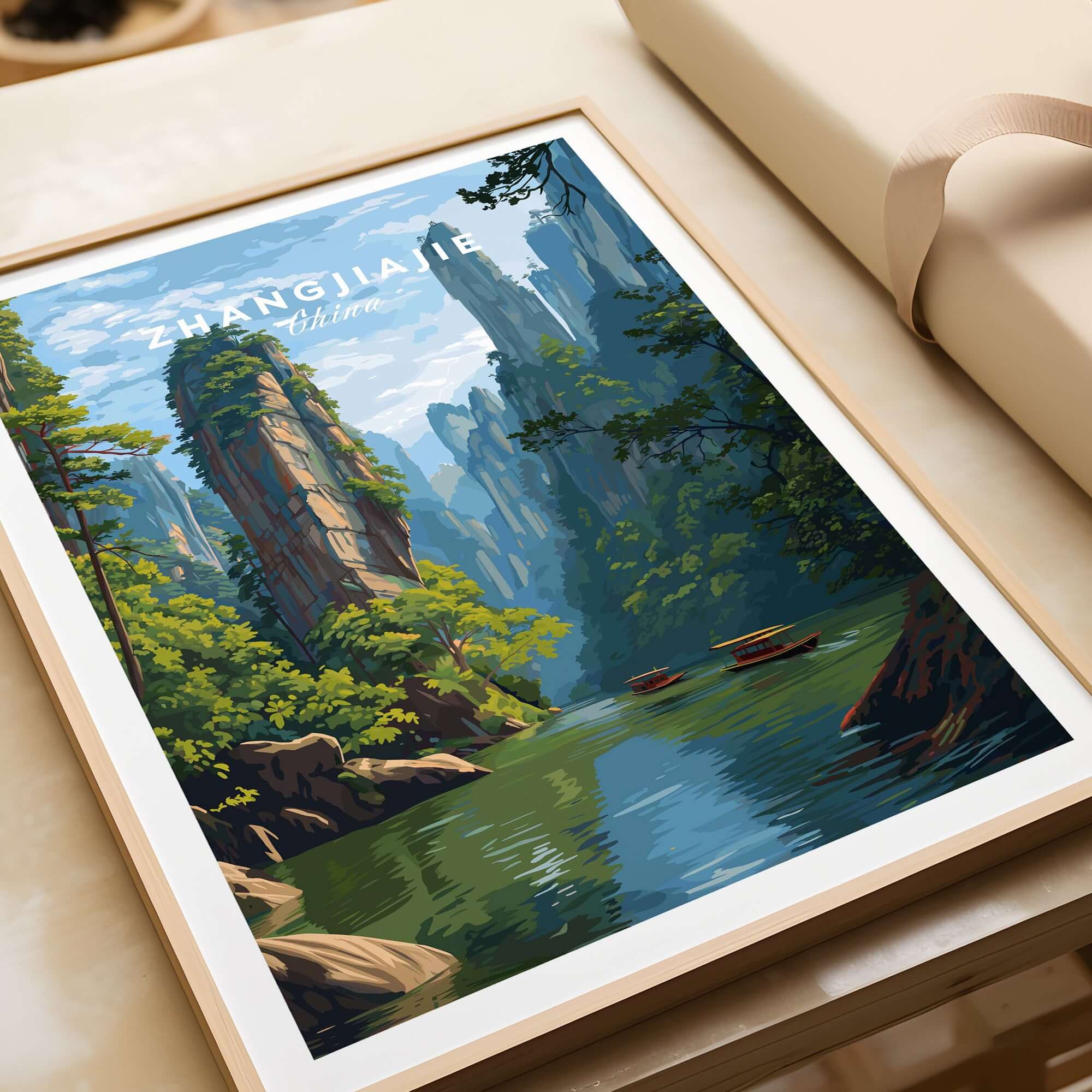 Zhangjiajie Canvas Print | Chinese Landscape Wall Decor featuring serene mountains and rivers in vibrant colors.