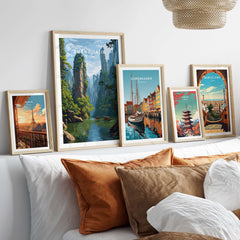 Zhangjiajie Canvas Print | Chinese Landscape Wall Decor displayed among various framed artwork on a cozy sofa.