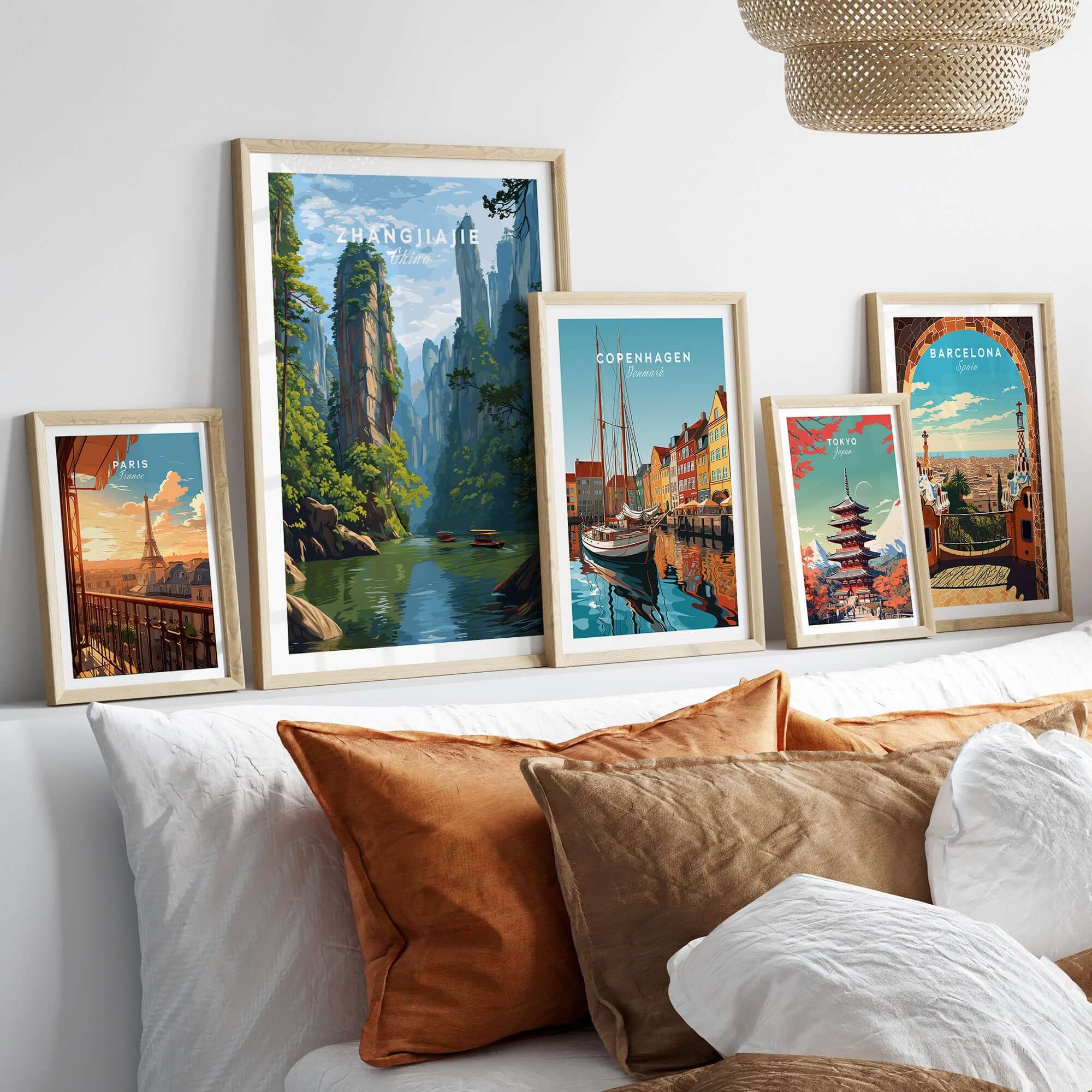 Zhangjiajie Canvas Print | Chinese Landscape Wall Decor displayed among various framed artwork on a cozy sofa.