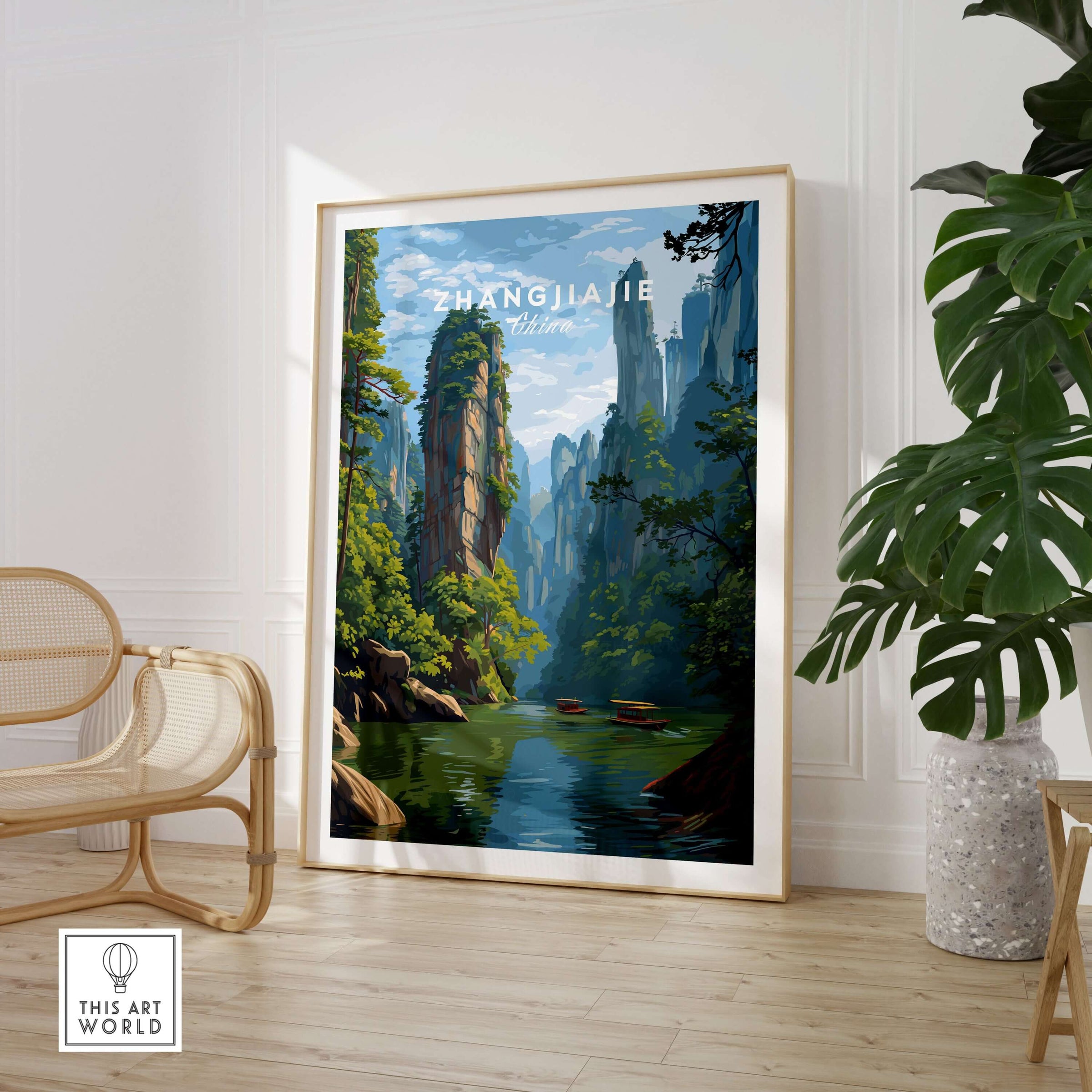 Zhangjiajie Canvas Print | Chinese Landscape Wall Decor showcasing serene mountains and water in a framed setting.