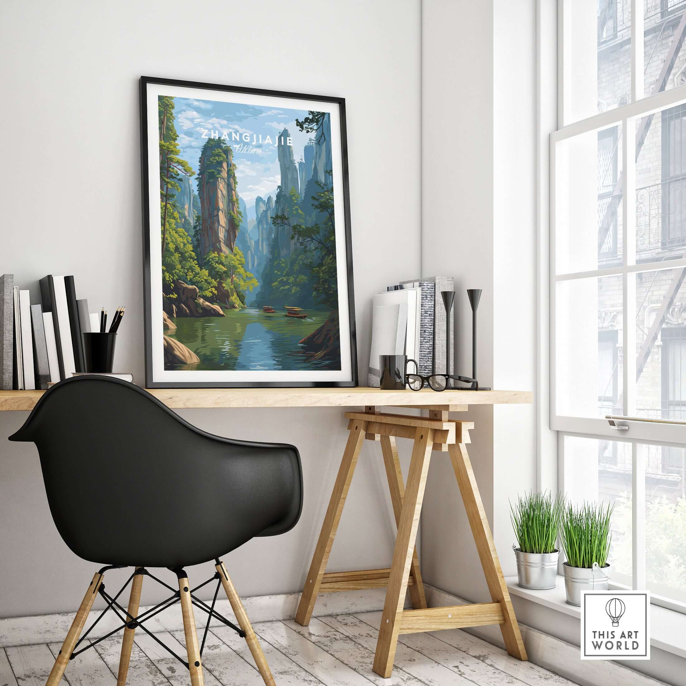 Zhangjiajie Canvas Print | Chinese Landscape Wall Decor displayed in a modern office setting.