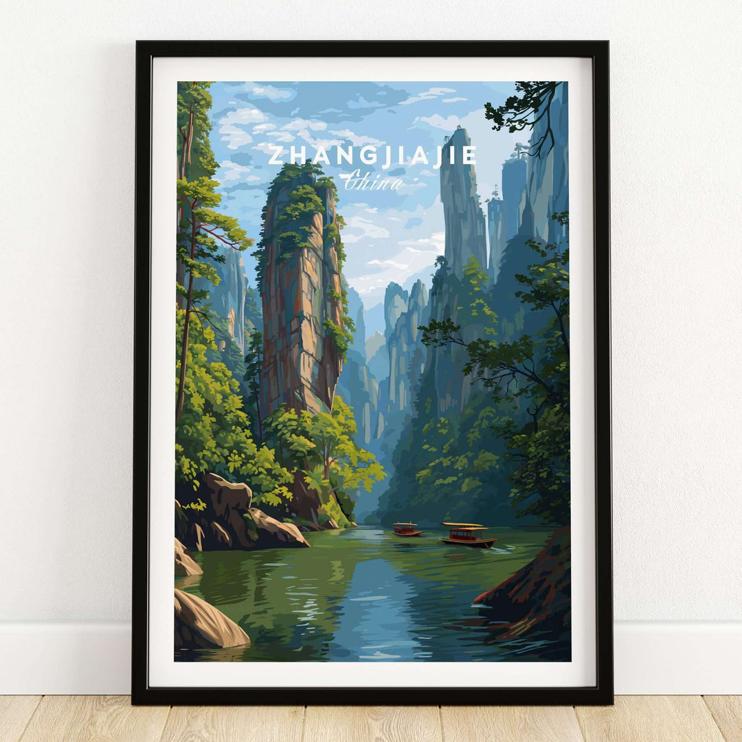 Zhangjiajie Canvas Print | Chinese Landscape Wall Decor showcasing towering pillars and serene river scene.