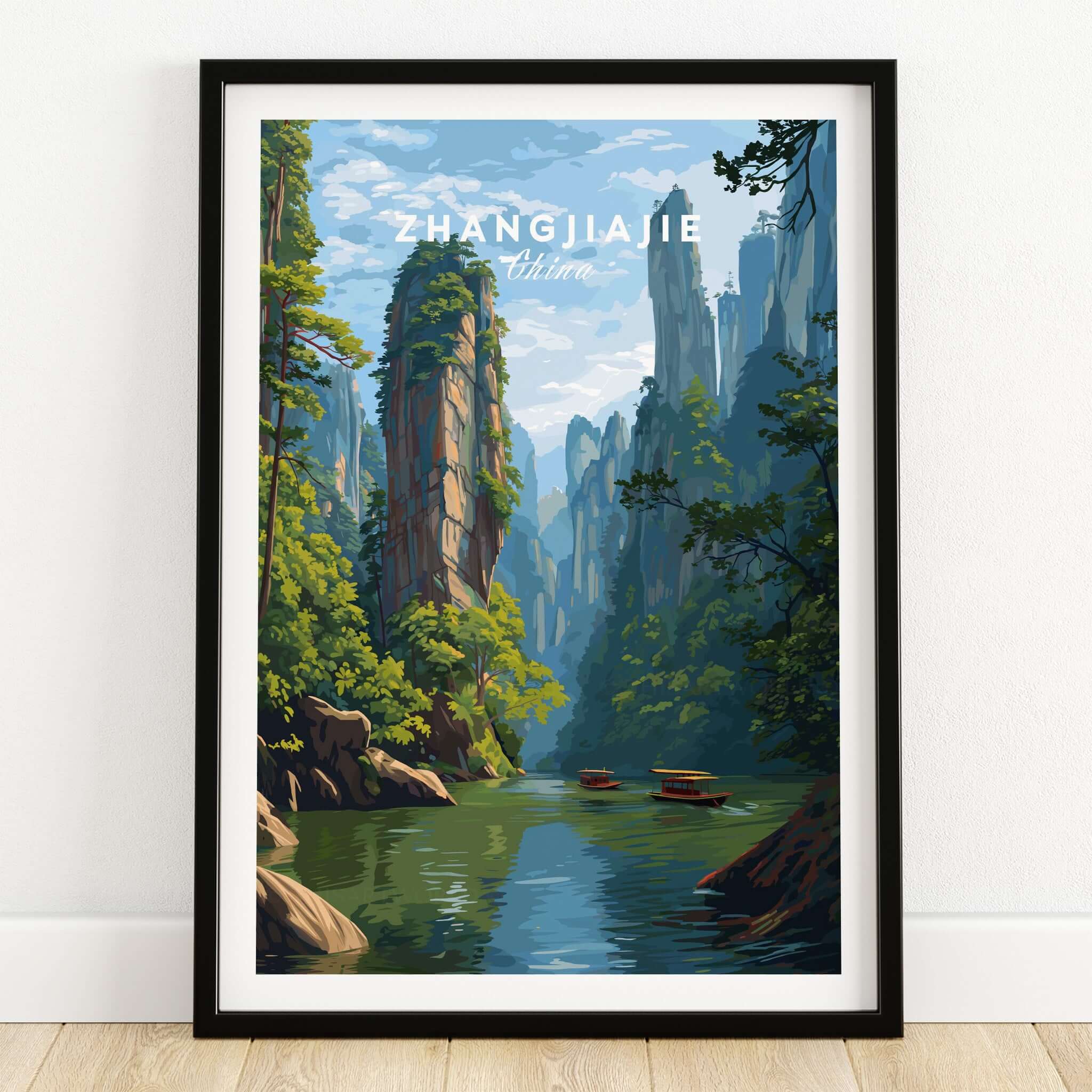 Zhangjiajie Canvas Print | Chinese Landscape Wall Decor showcasing towering pillars and serene river scene.