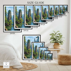 Zhangjiajie Canvas Print | Chinese Landscape Wall Decor size guide showing various frame dimensions.