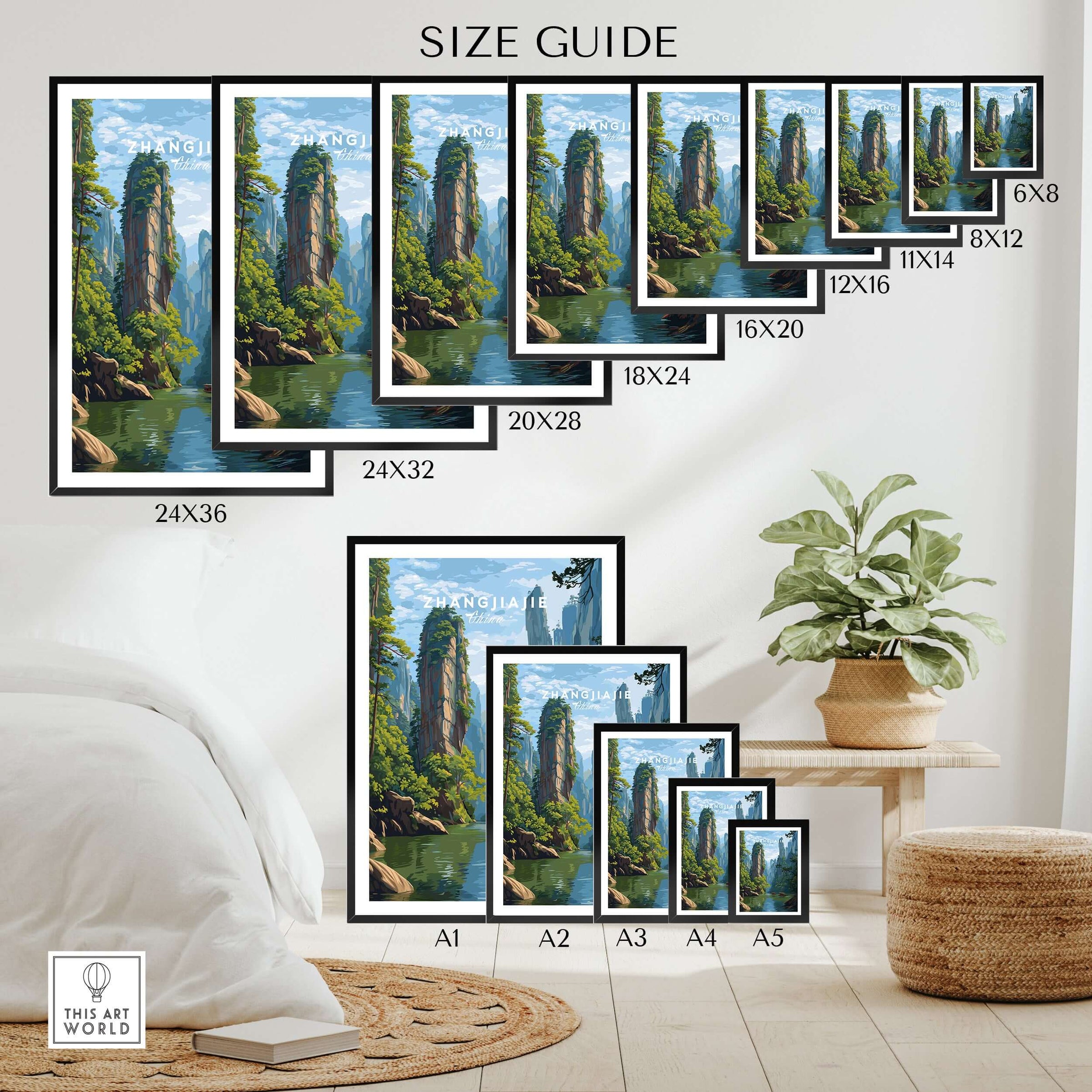 Zhangjiajie Canvas Print | Chinese Landscape Wall Decor size guide showing various frame dimensions.
