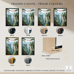 Zhangjiajie China Art Print | Misty Forest Canyon Poster displayed with different frame color options for purchase.