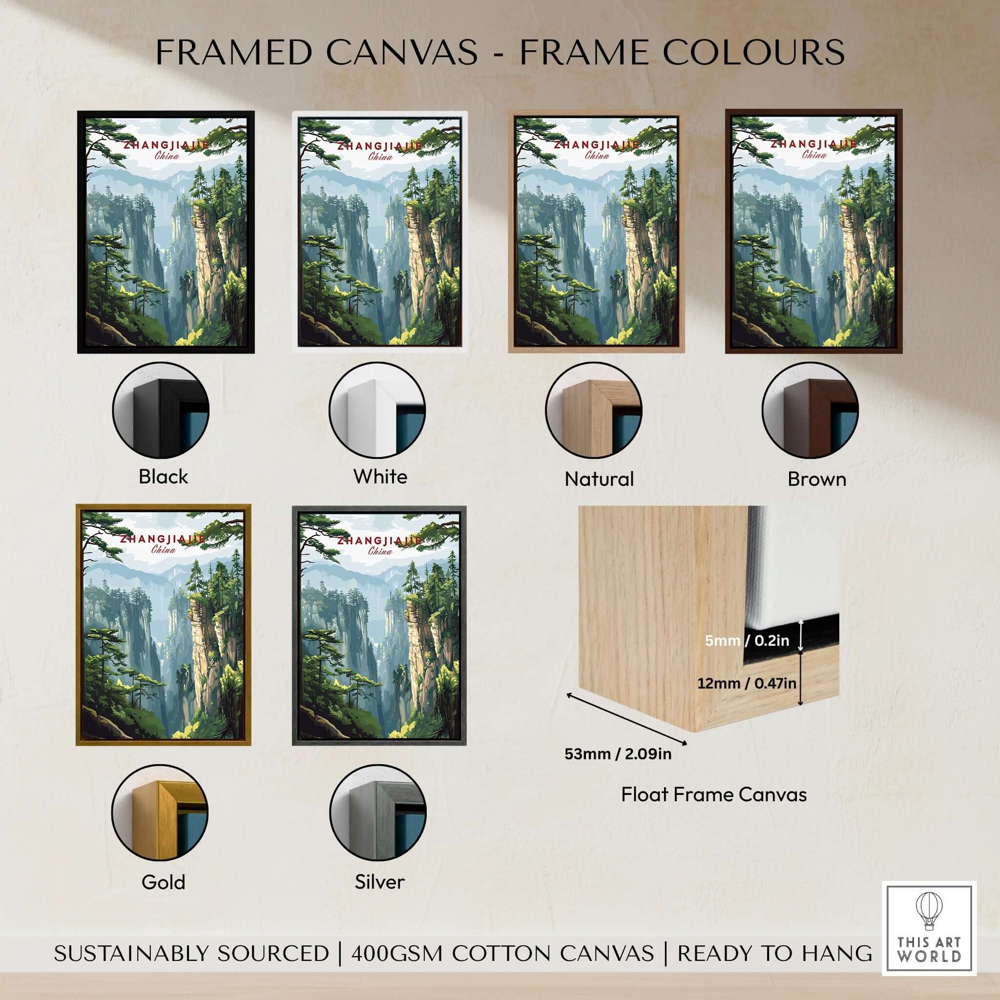 Zhangjiajie China Art Print | Misty Forest Canyon Poster displayed with different frame color options for purchase.