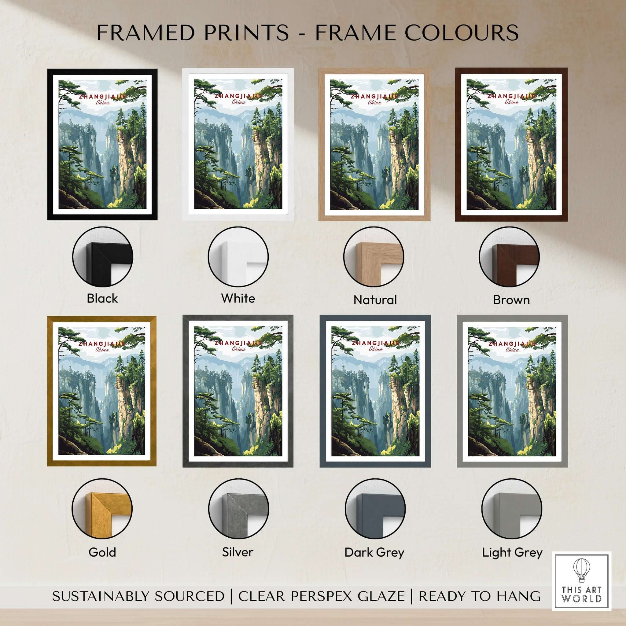 Zhangjiajie China Art Print | Misty Forest Canyon Poster with various frame color options for display.