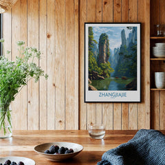 Zhangjiajie China Art Print | Karst Peaks River Poster displayed in a cozy wooden interior with green plants.