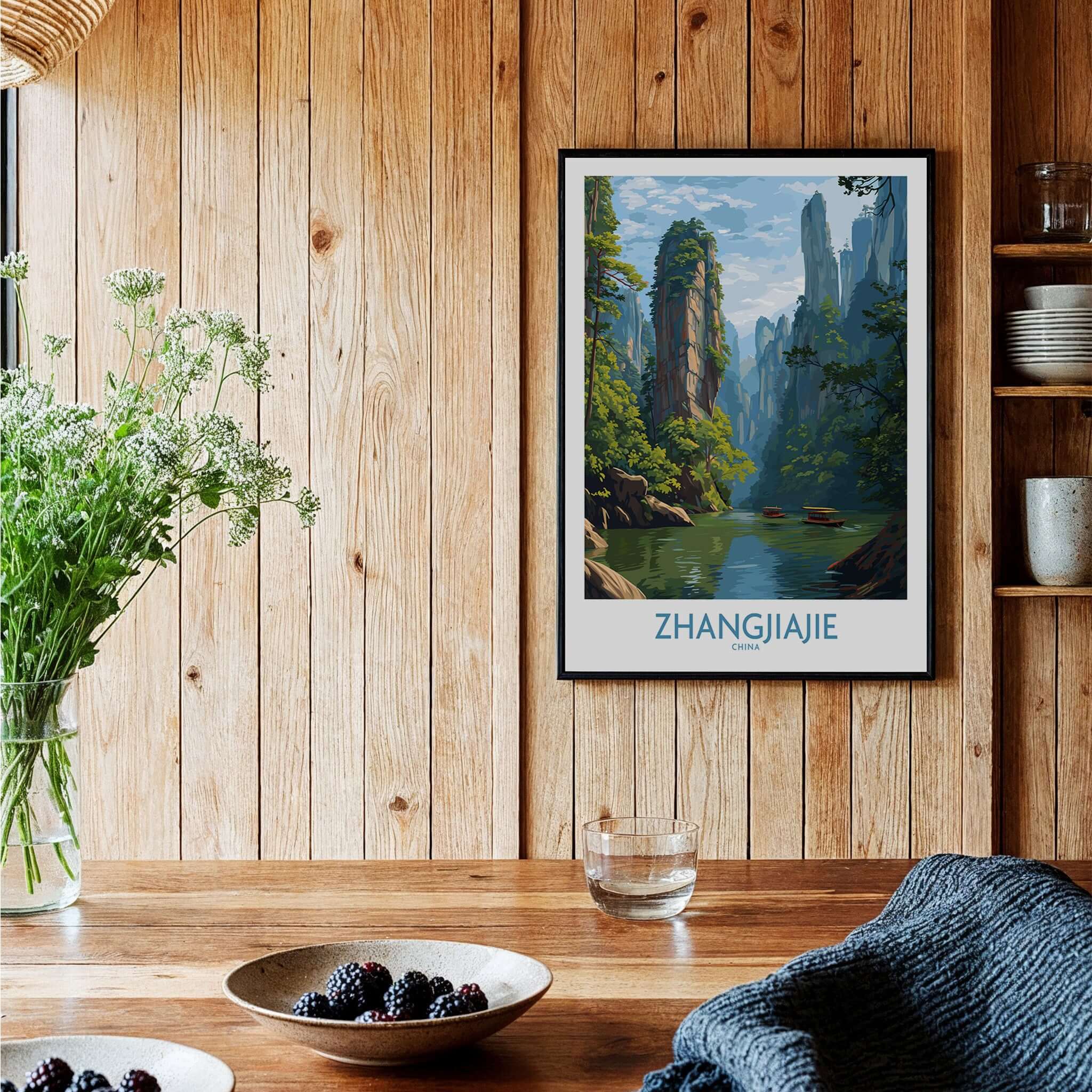 Zhangjiajie China Art Print | Karst Peaks River Poster displayed in a cozy wooden interior with green plants.