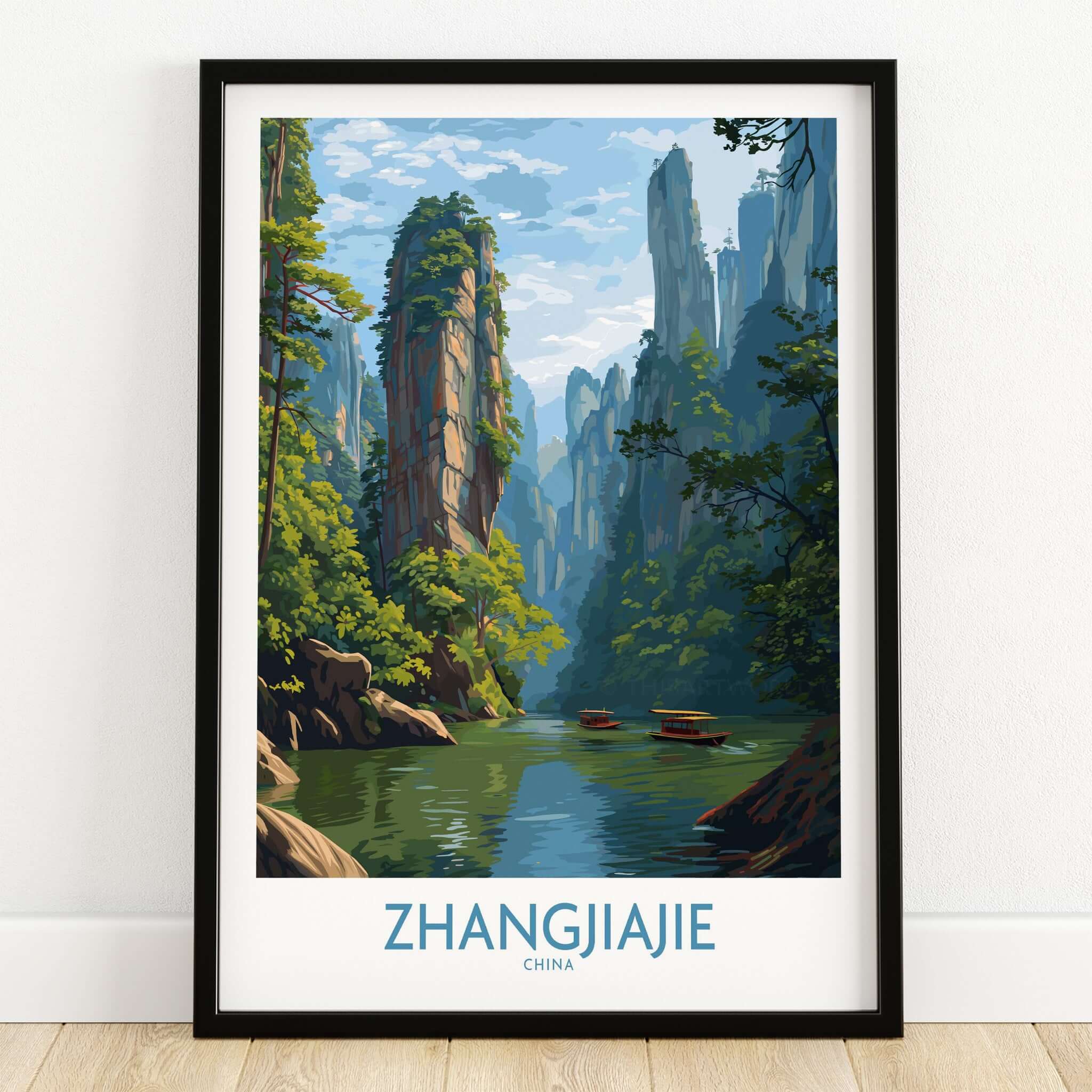 Zhangjiajie China Art Print | Karst Peaks River Poster showcasing stunning karst formations and serene river scene.