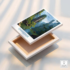 Zhangjiajie China Art Print | Karst Peaks River Poster displayed on a wooden box.