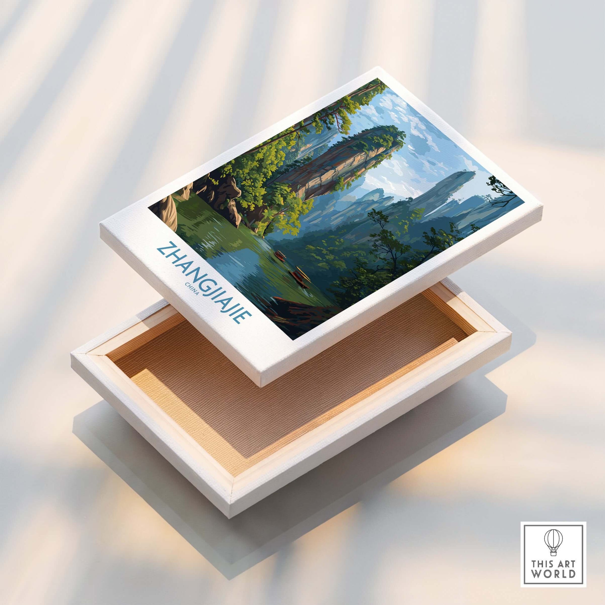 Zhangjiajie China Art Print | Karst Peaks River Poster displayed on a wooden box.