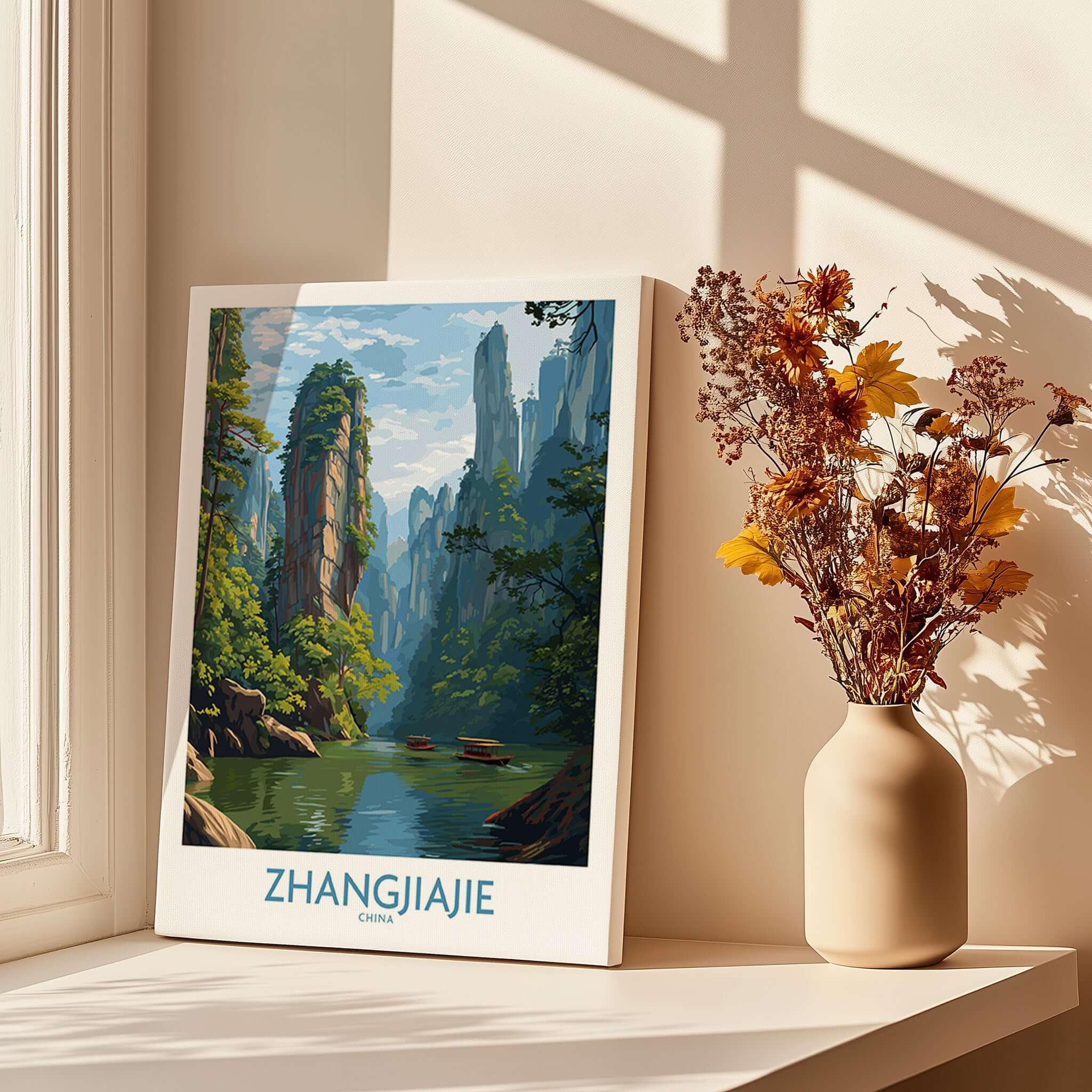 Zhangjiajie China Art Print | Karst Peaks River Poster featuring serene landscape with mountains and river.
