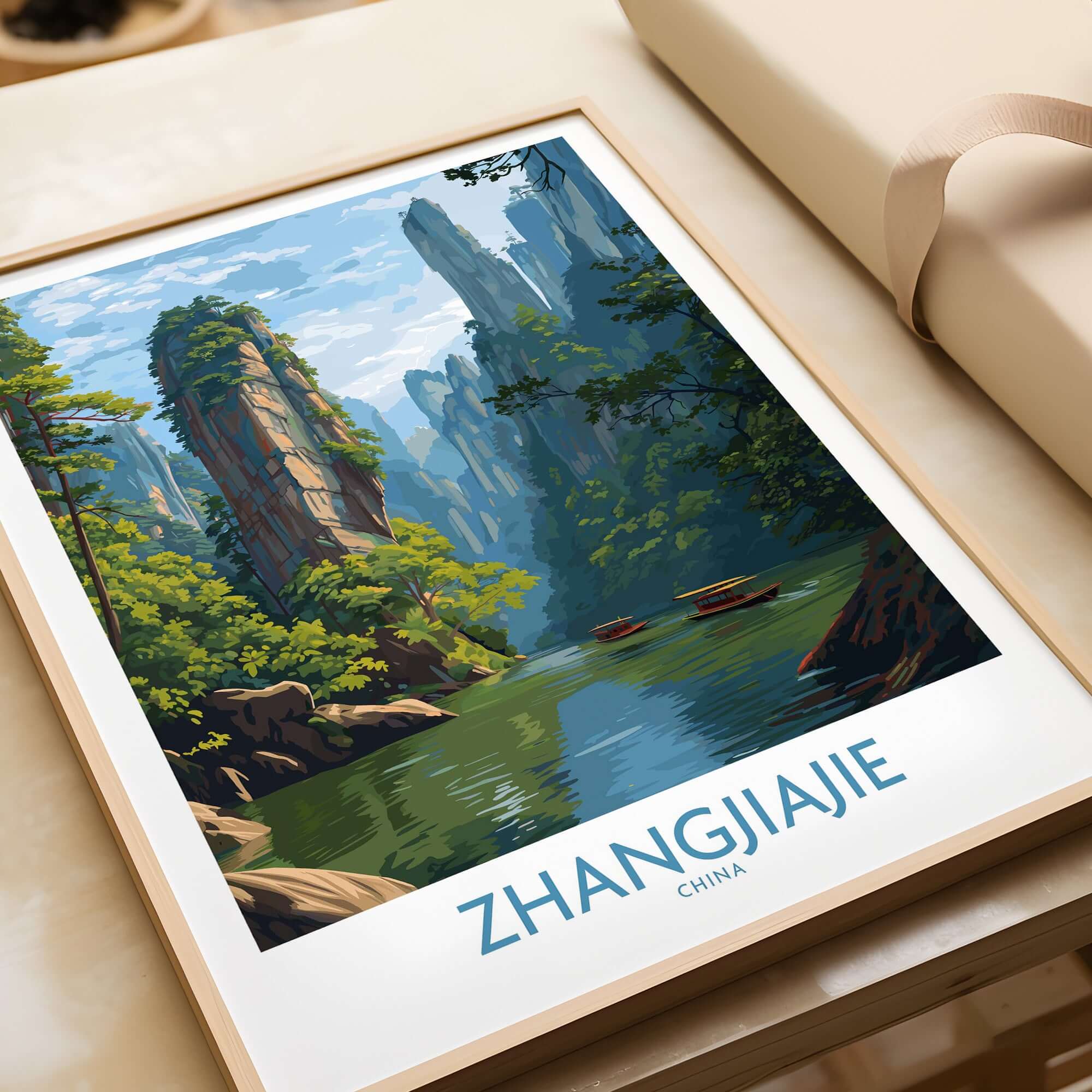 Zhangjiajie China Art Print | Karst Peaks River Poster showcasing scenic landscape with karst formations.