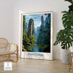 Zhangjiajie China Art Print | Karst Peaks River Poster showcasing stunning landscapes and serene rivers.