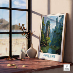 Zhangjiajie China Art Print | Karst Peaks River Poster displayed on a window sill with a scenic view.