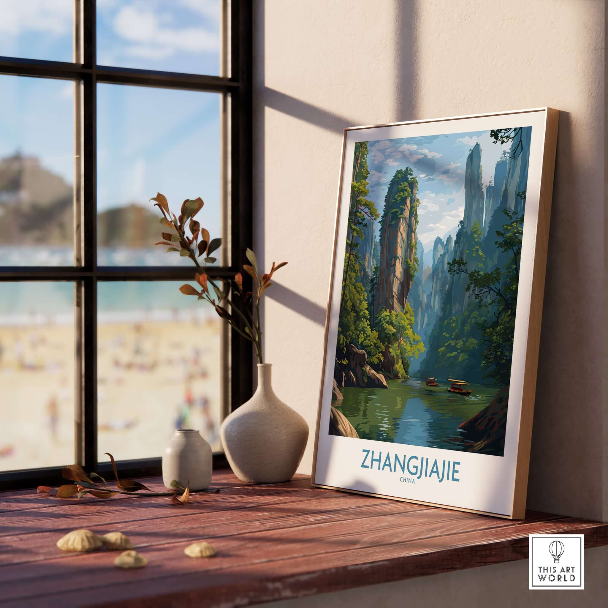 Zhangjiajie China Art Print | Karst Peaks River Poster displayed on a window sill with a scenic view.