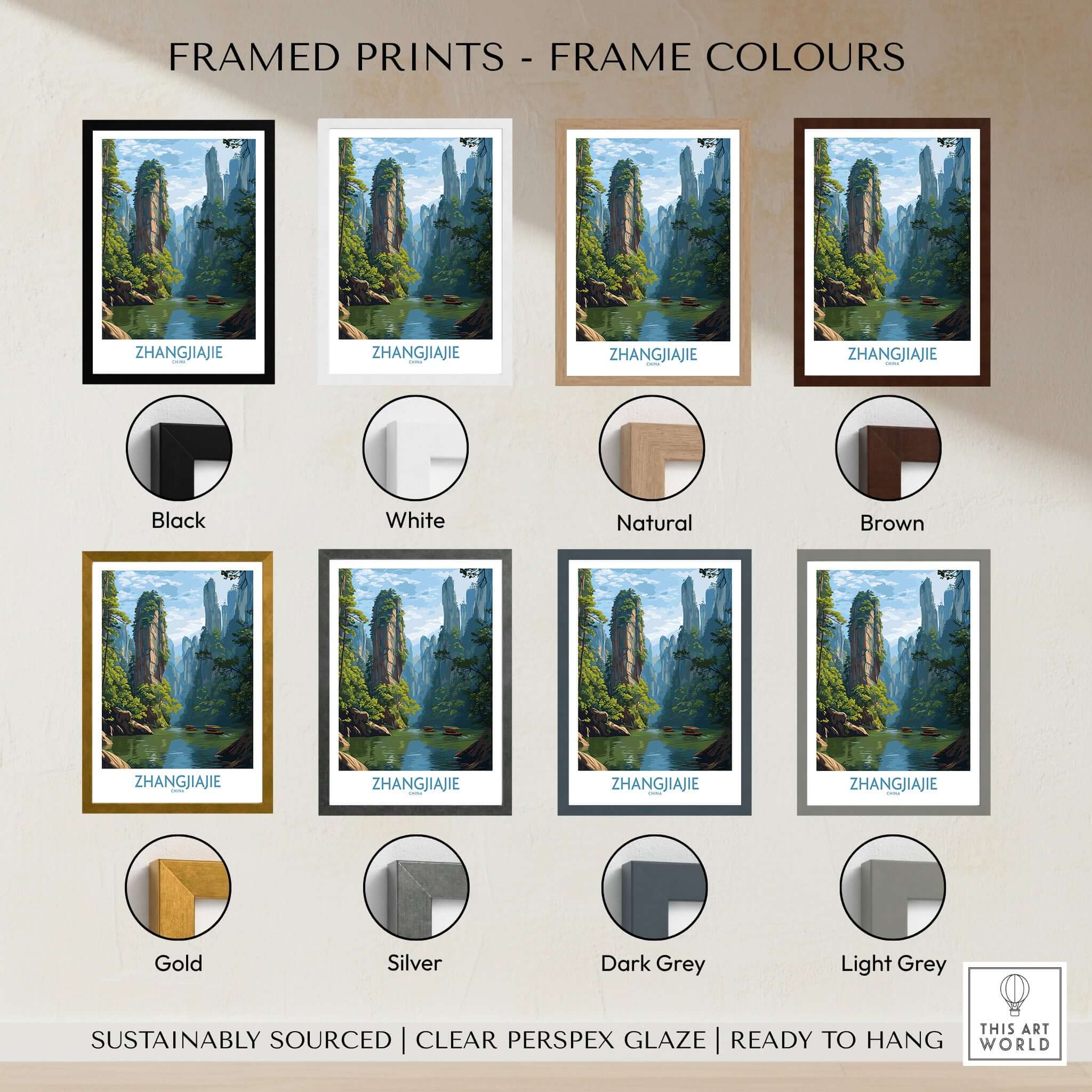Zhangjiajie China Art Print | Karst Peaks River Poster with various frame colors options including black, white, natural, and brown.