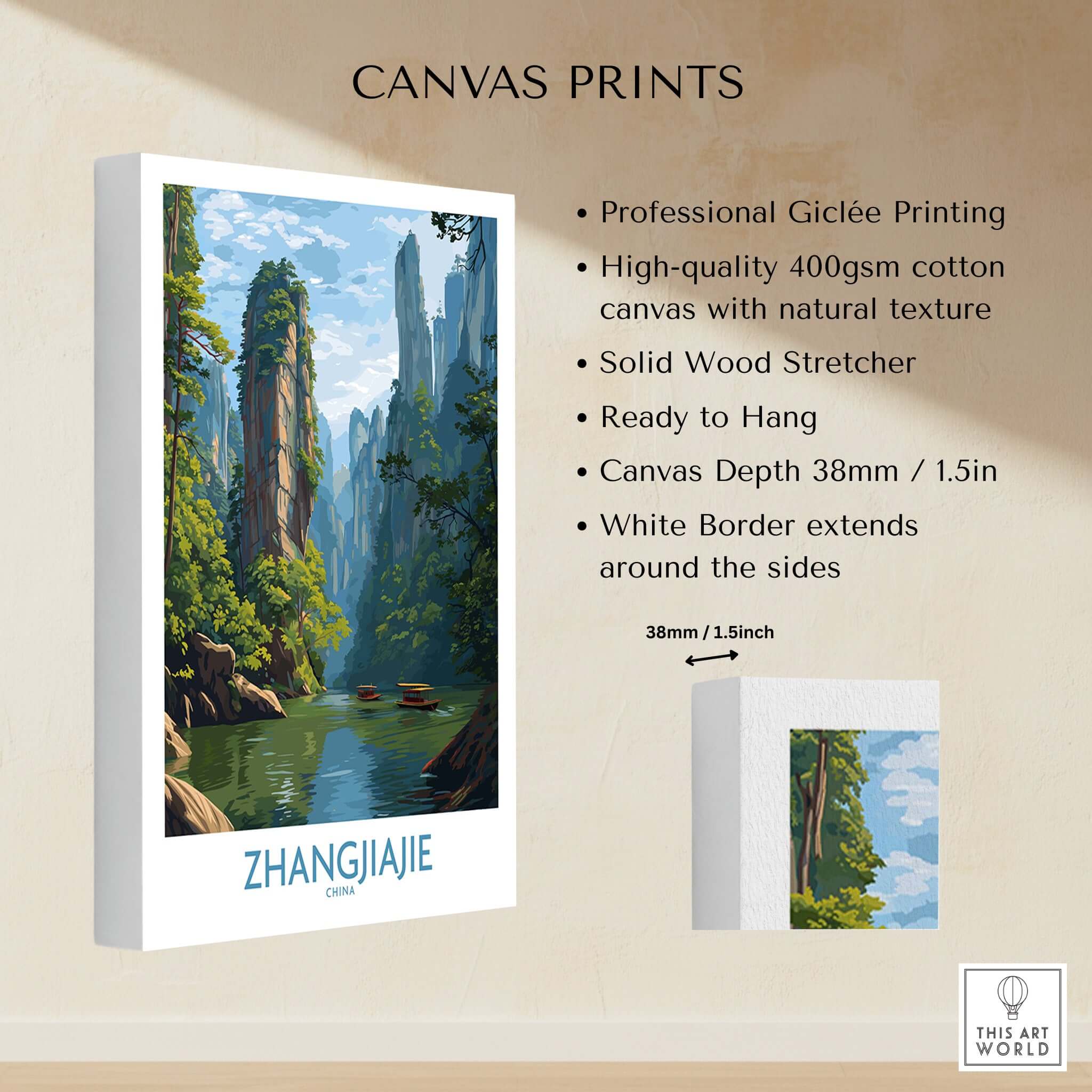 Zhangjiajie China Art Print | Karst Peaks River Poster showcasing stunning landscapes with lush greenery and tranquil waters.